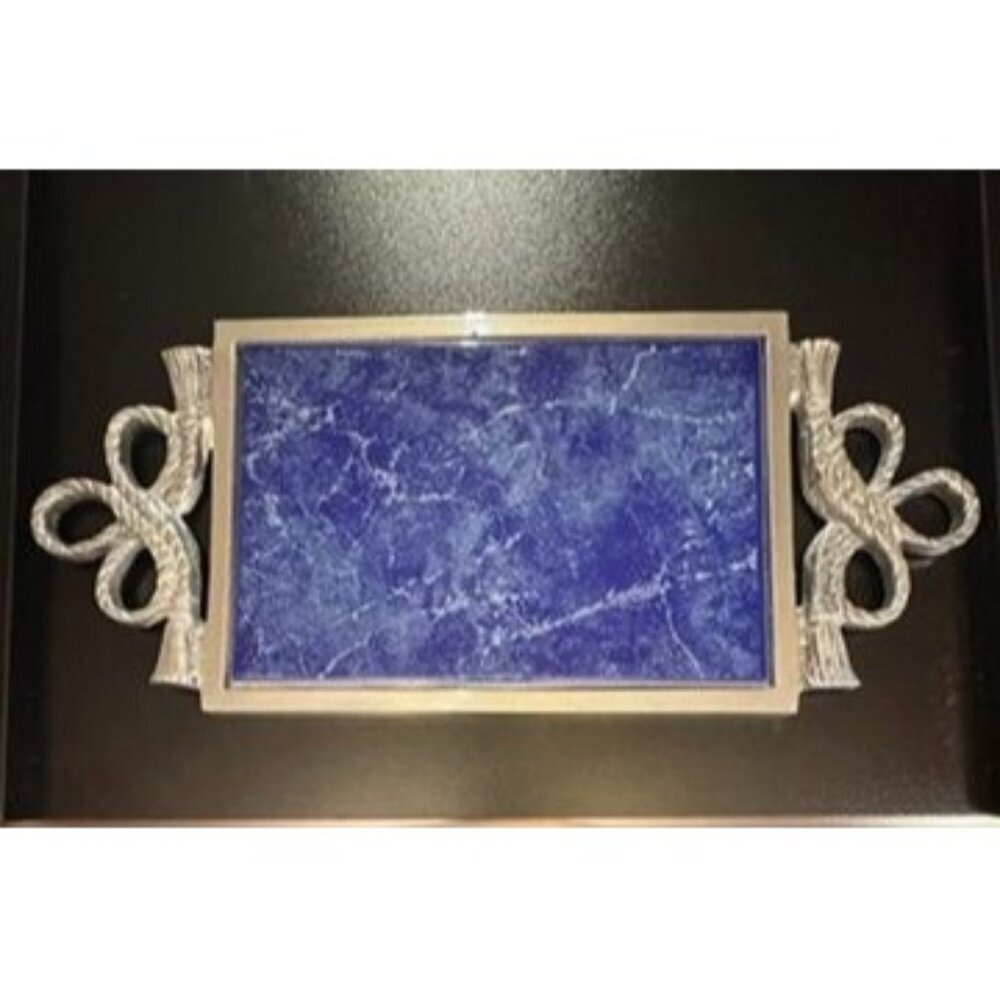 Vtg Lamosa Mexican Serving Tray Blue Marble‎ Pewter Ornate Handles Handmade